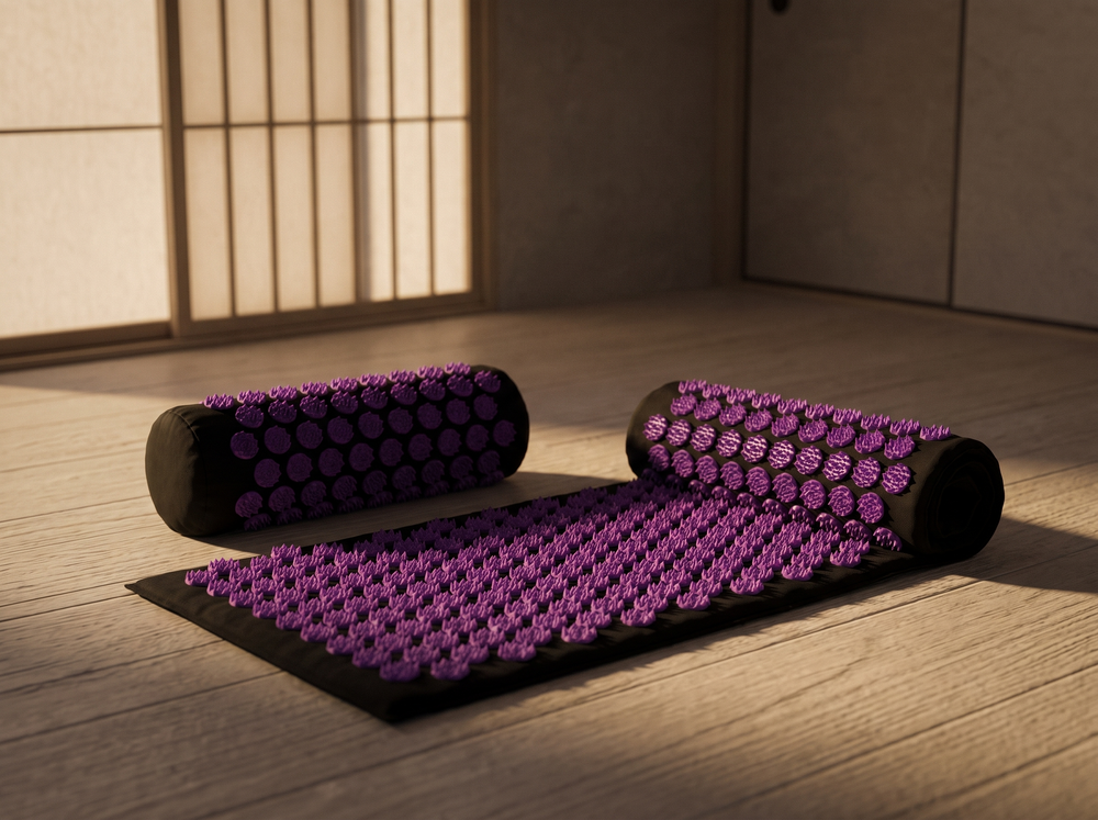 Acupressure mat half unrolled on a wooden floor with its bolster