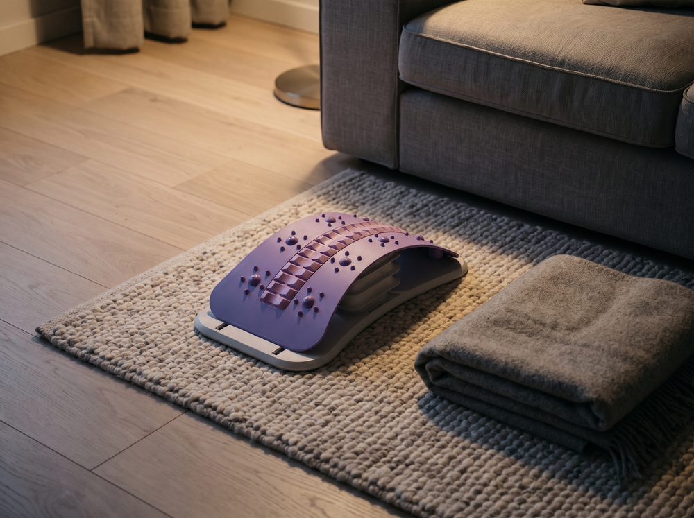 Back stretching arch on a rug beside a couch