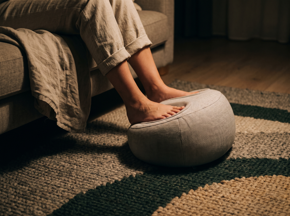Feet resting in a fabric foot massager beside a couch