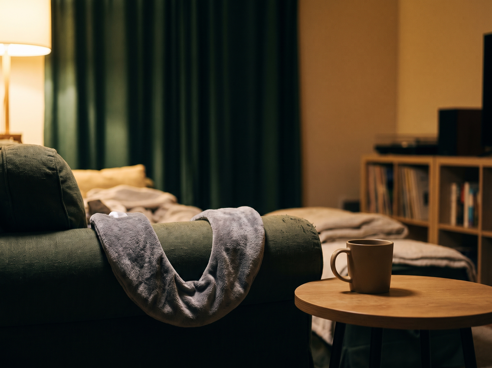 Heated neck wrap on an armchair beside a mug