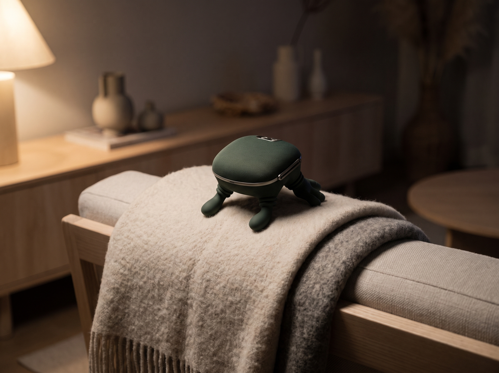 Cordless neck massager resting on a throw over the back of a couch