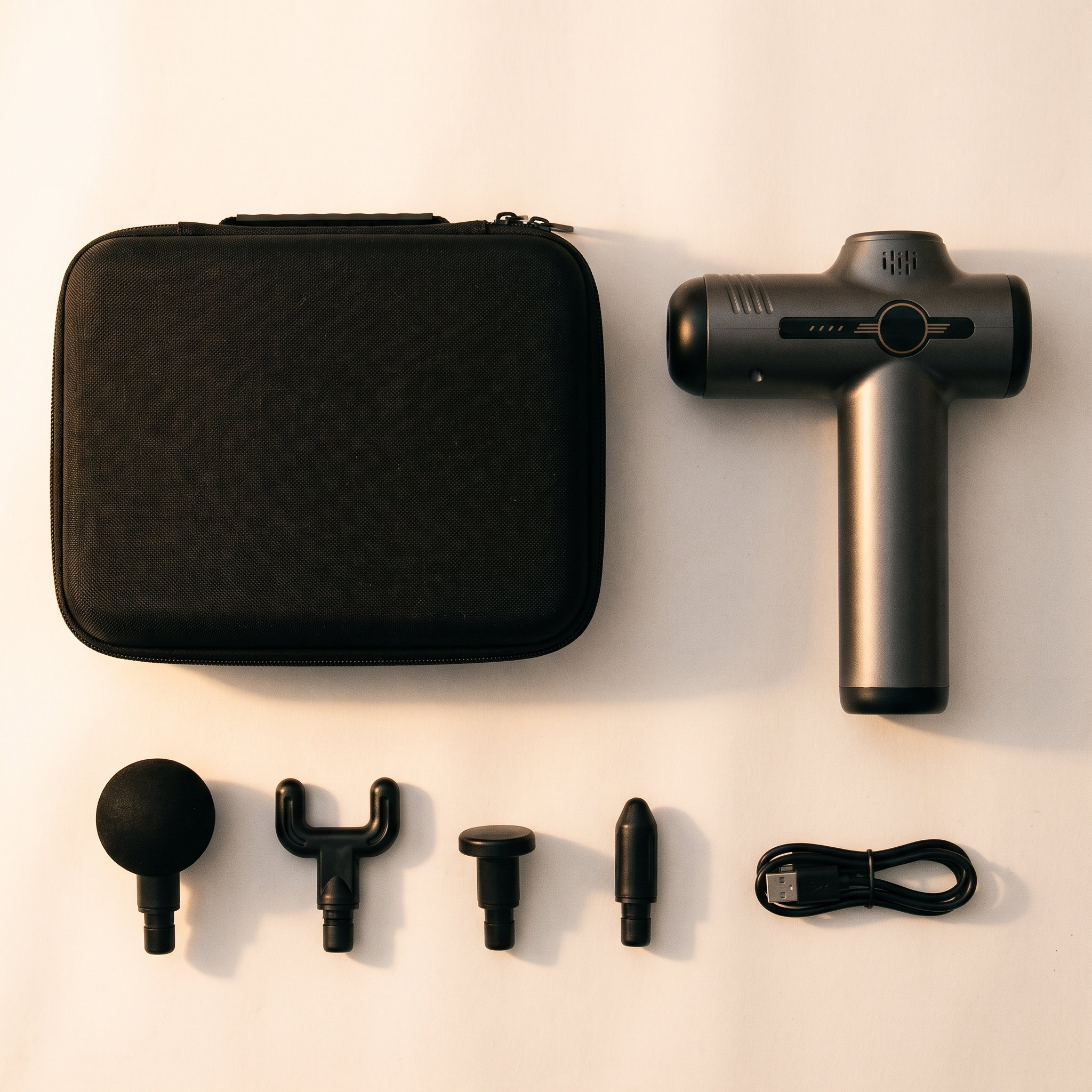 The massager with its four heads, carry case and charging cable
