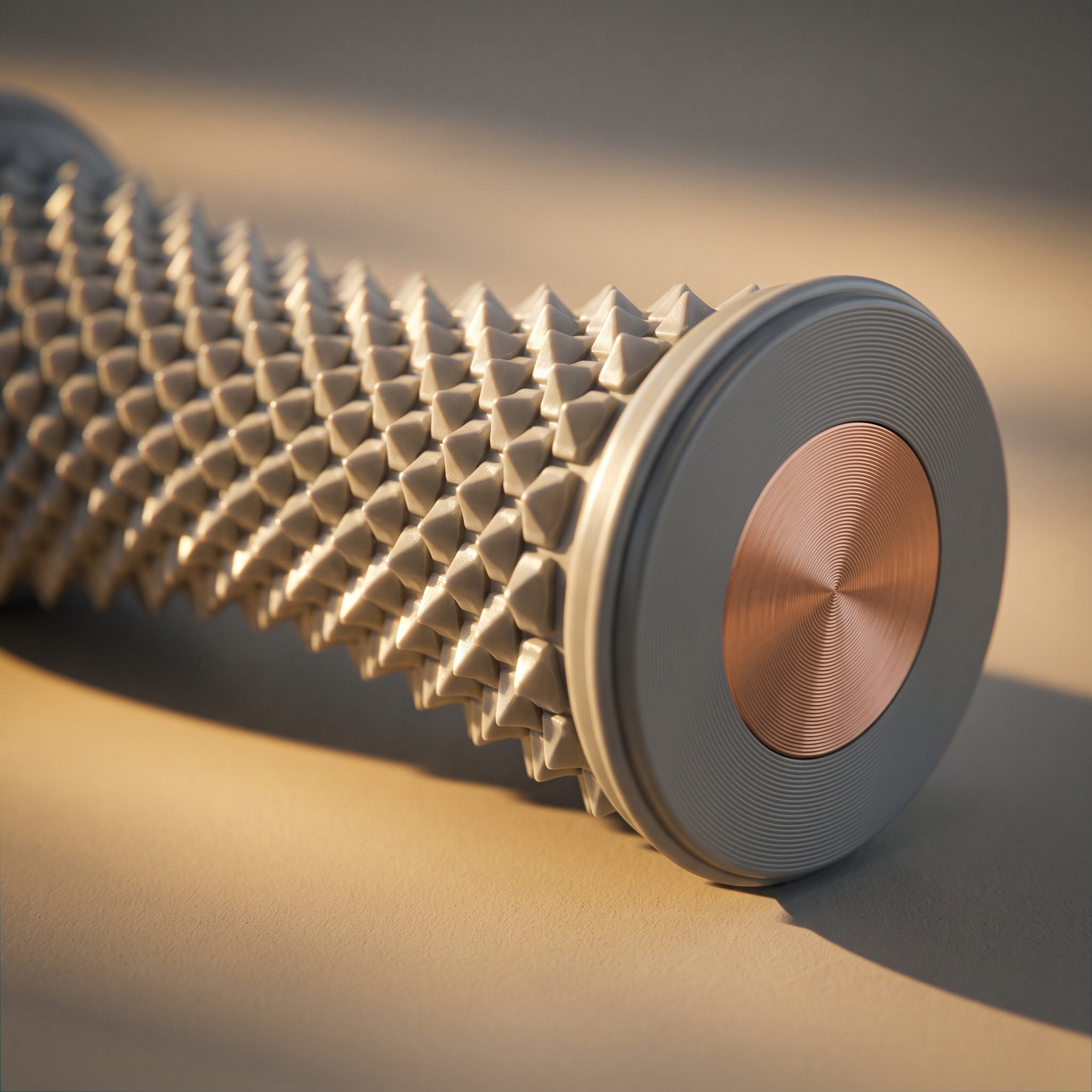 Close detail of the studs and the copper-centred end wheel