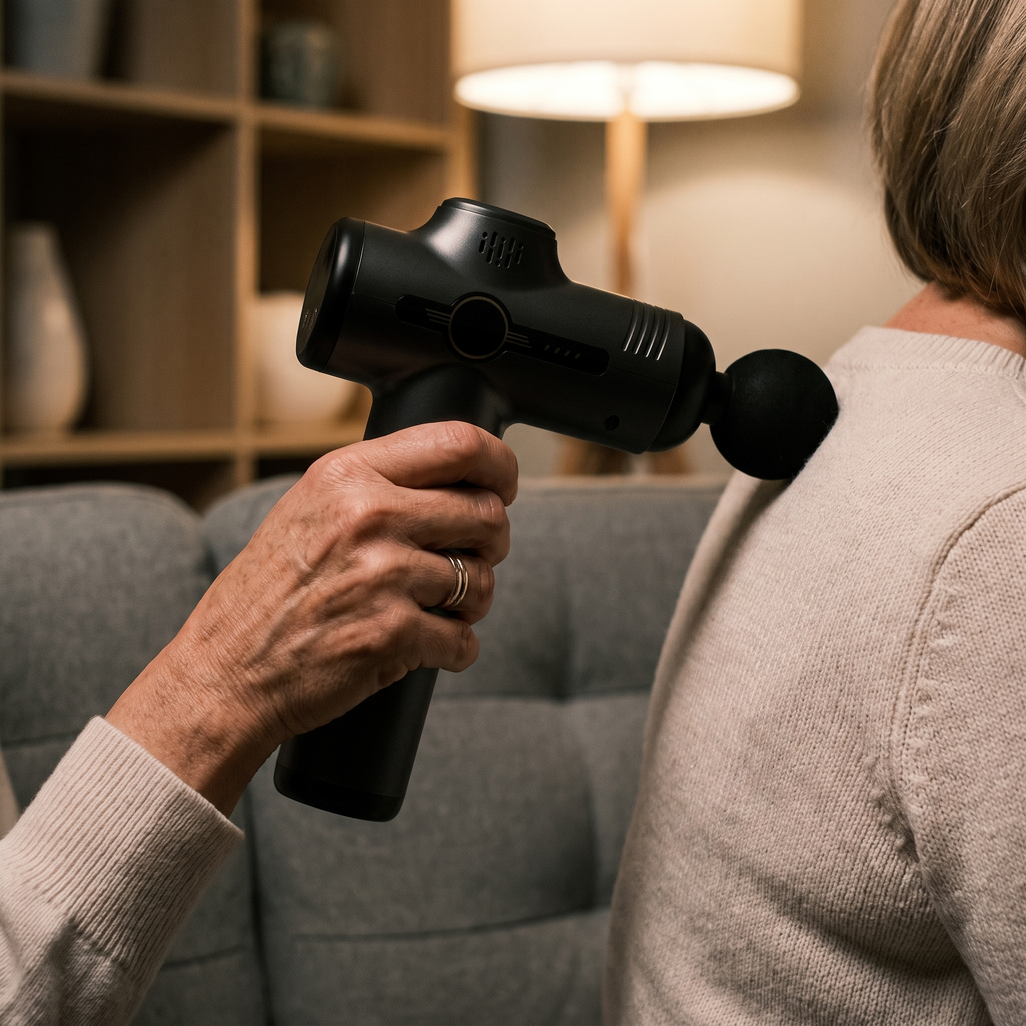 The massager held against a shoulder