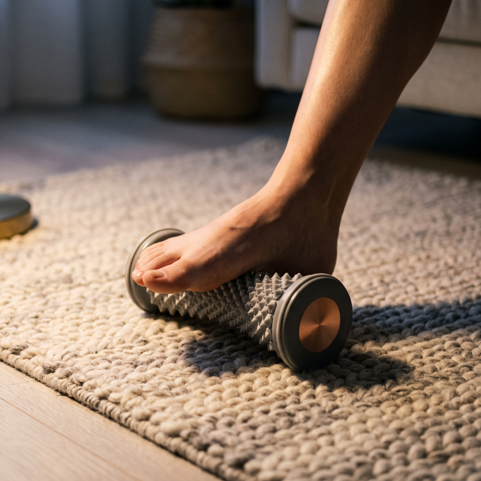 A bare foot resting on the roller