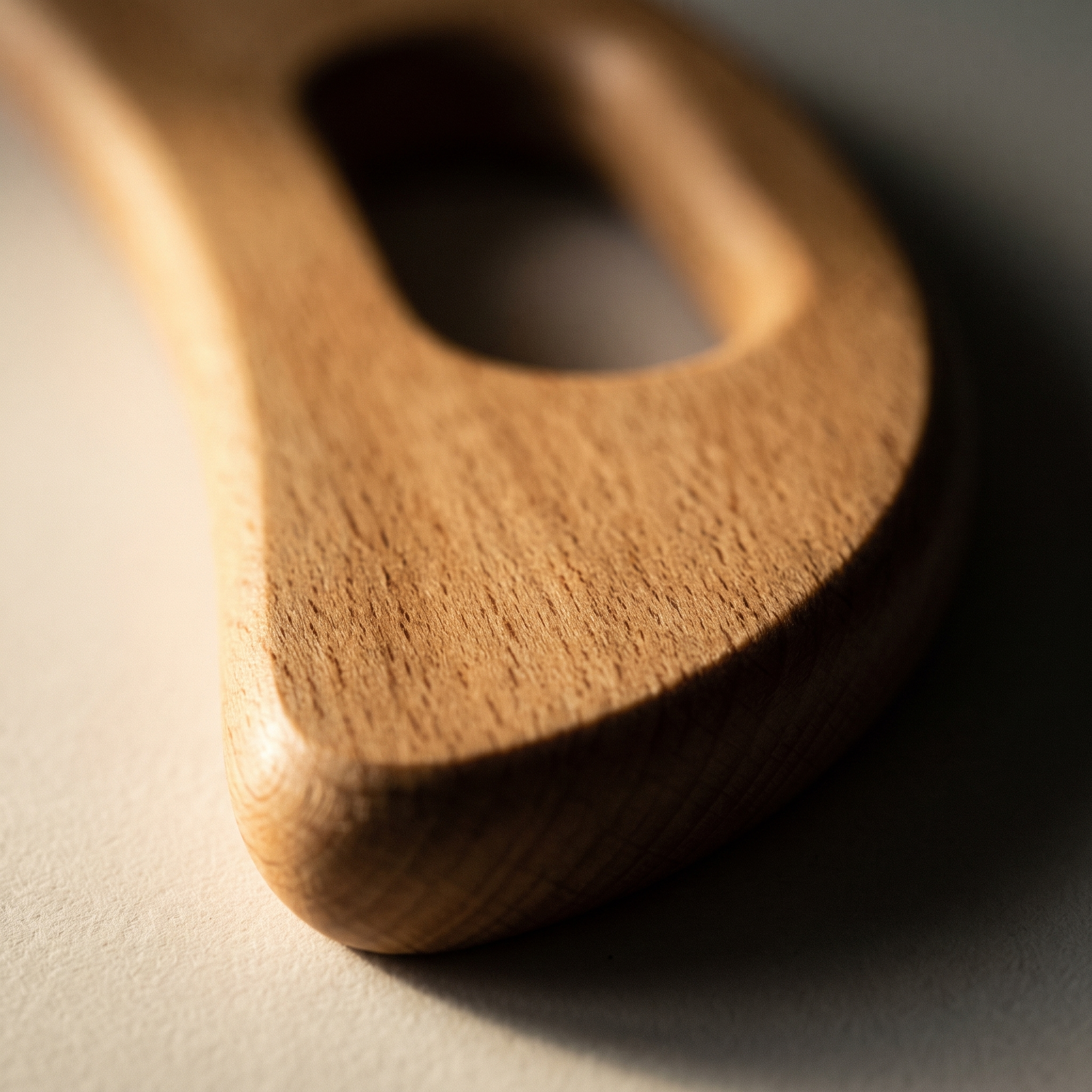 Close detail of the sanded beech grain and rounded edge
