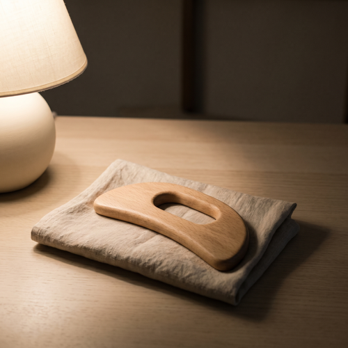 The paddle resting on a linen cloth in an evening living room