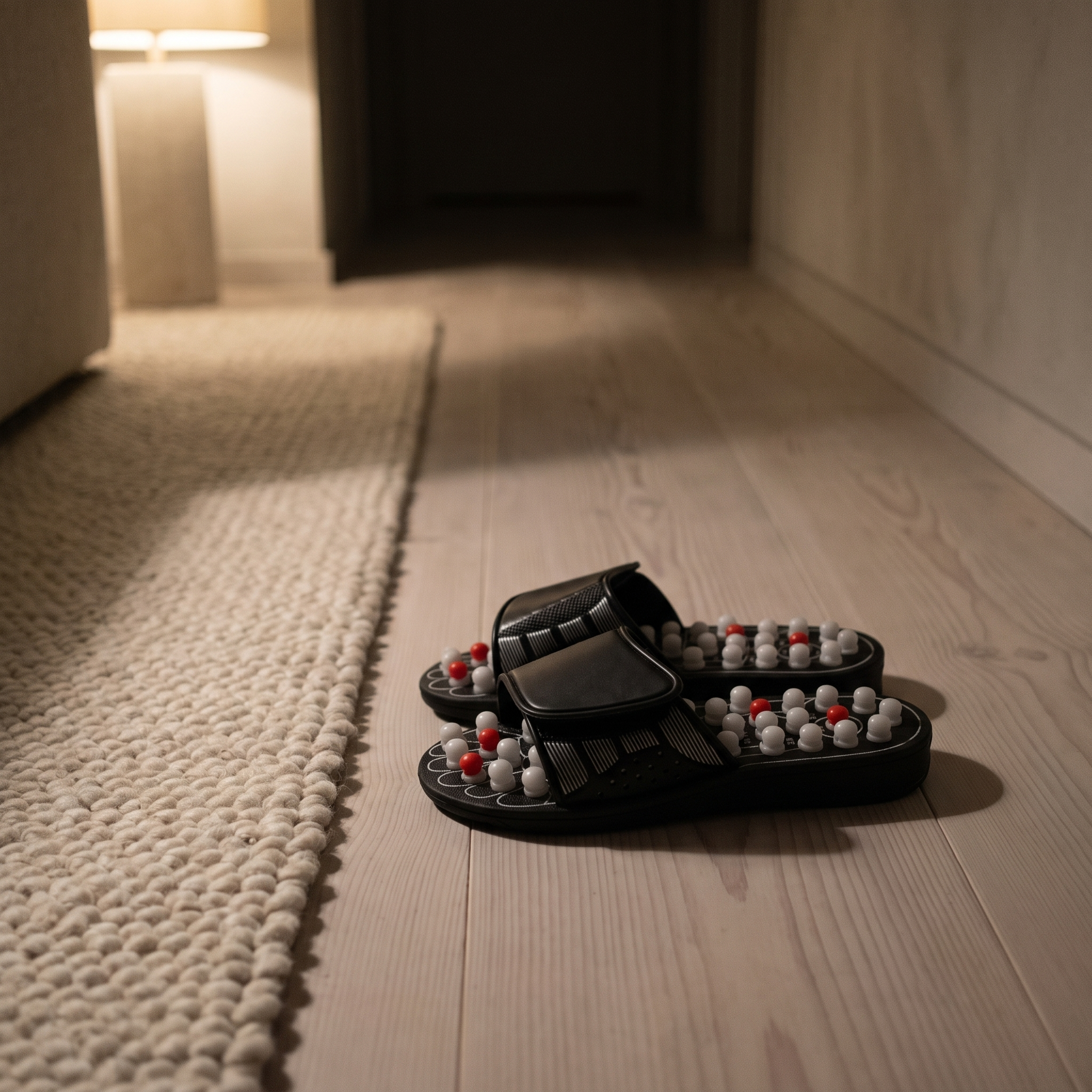 The sandals side by side on a wooden floor in the evening
