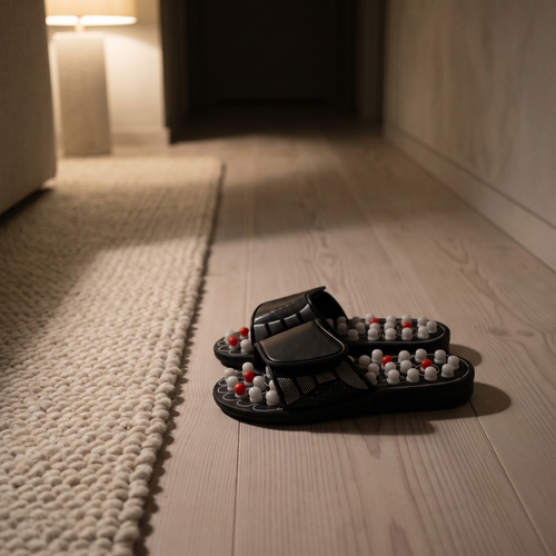 The sandals side by side on a wooden floor in the evening