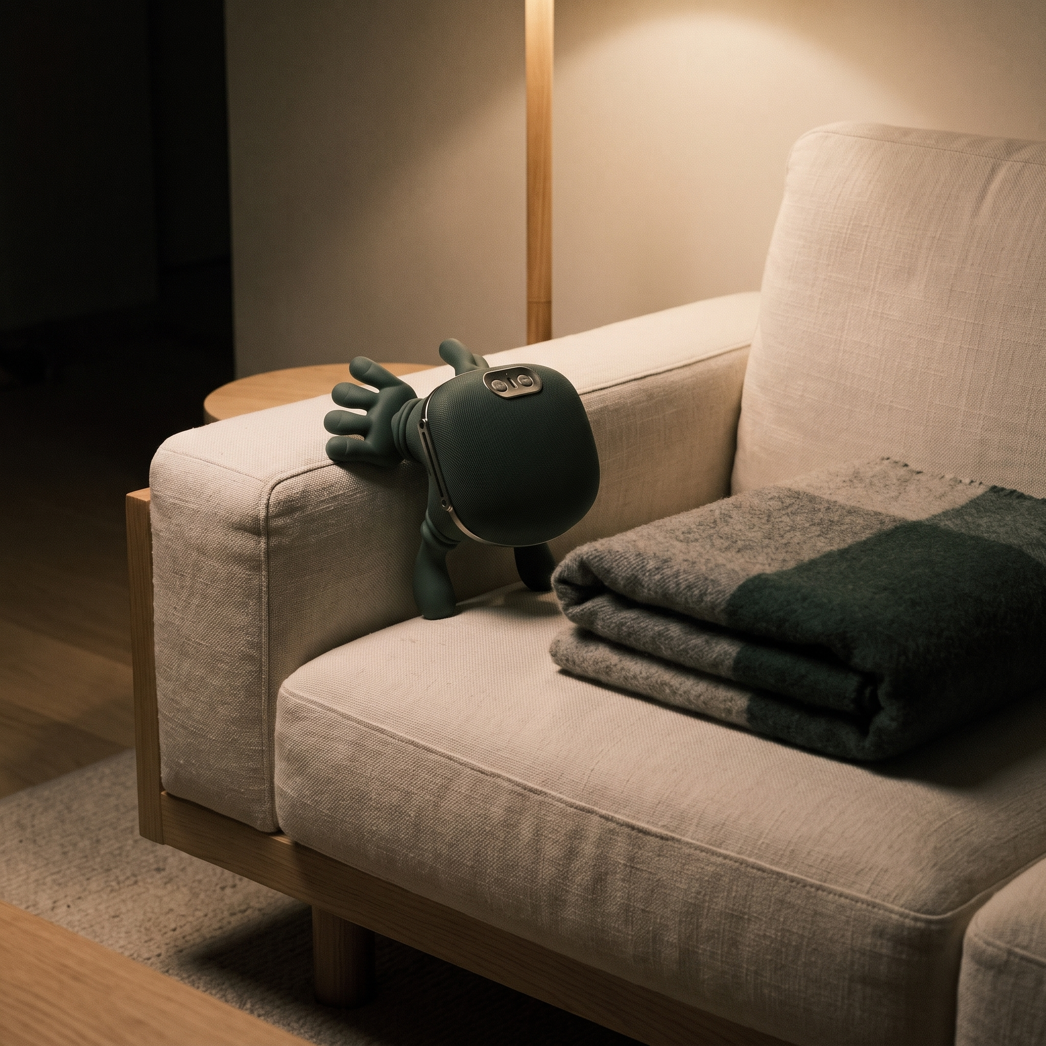 The massager resting on the arm of a couch in the evening