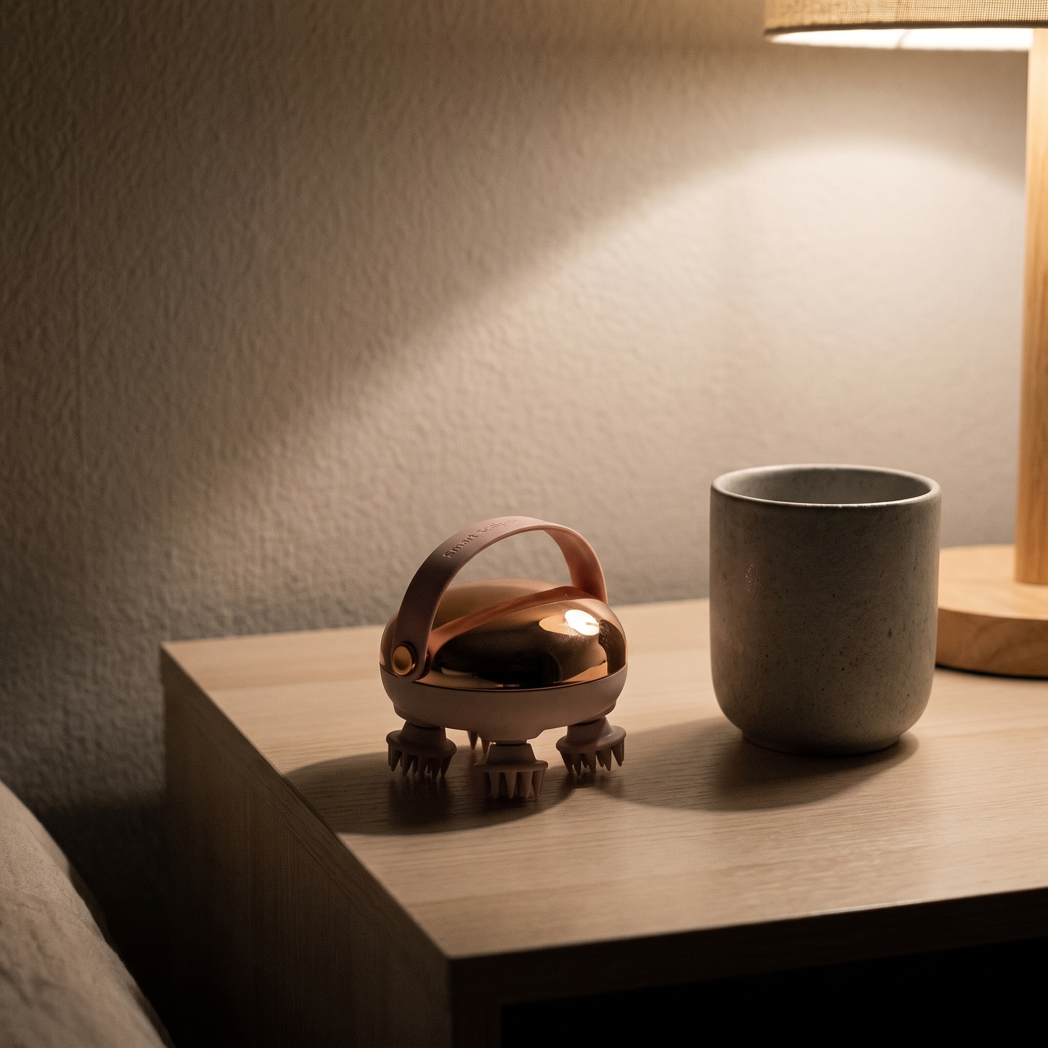 The scalp massager on a side table beside a cup