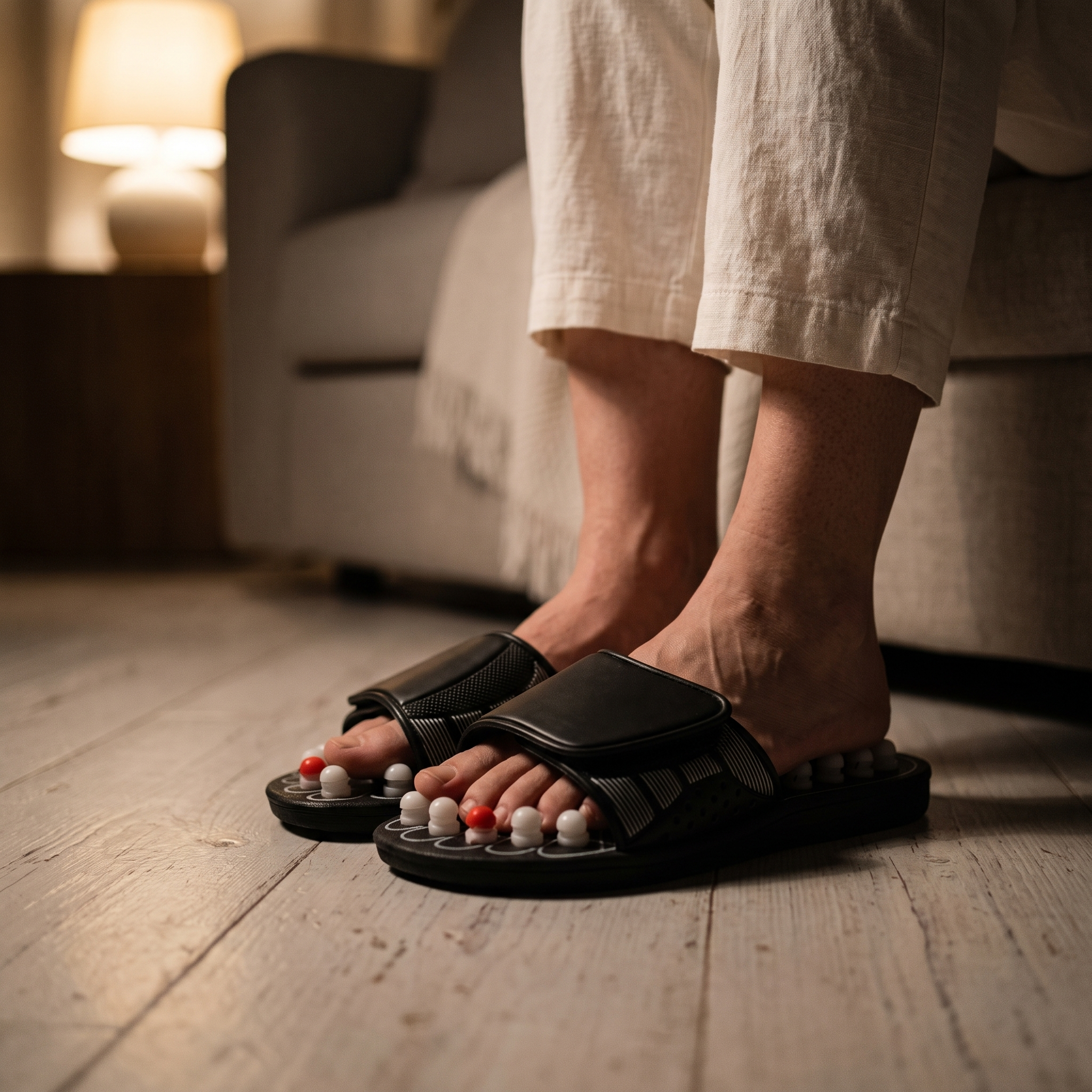 Feet wearing the acupressure sandals