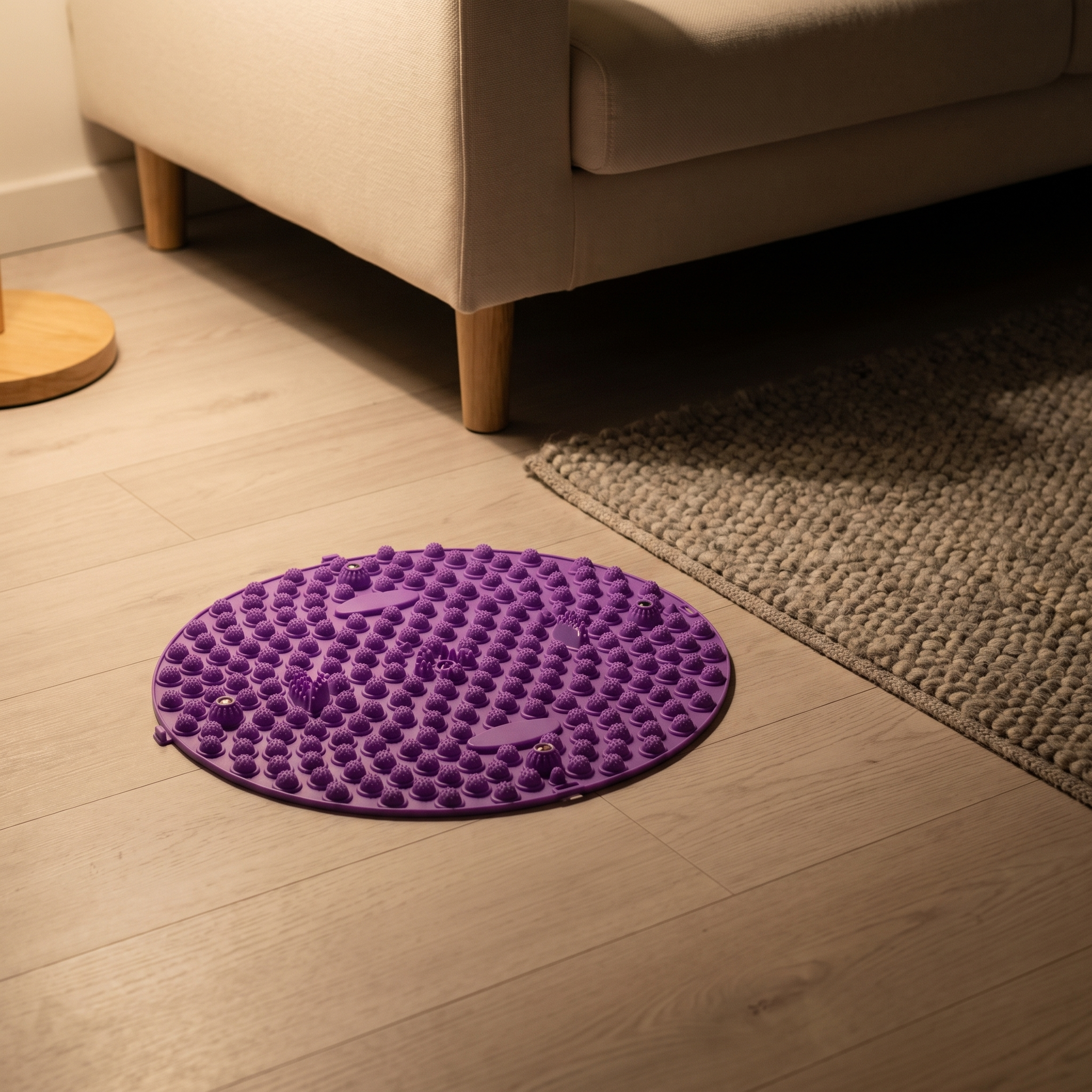 The pad on a wooden floor beside a couch