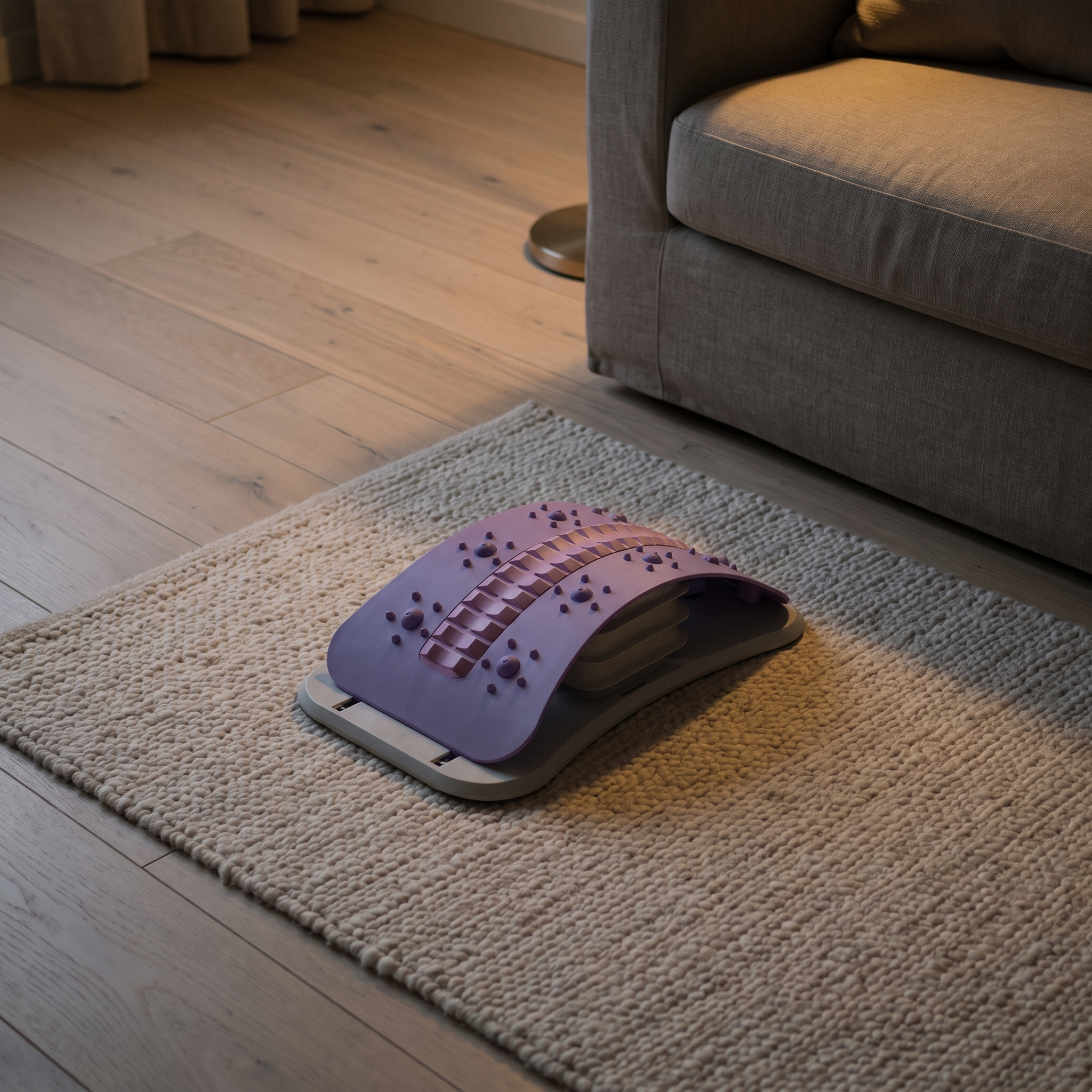 The arch on a rug beside a couch in the evening