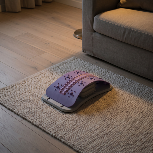 The arch on a rug beside a couch in the evening
