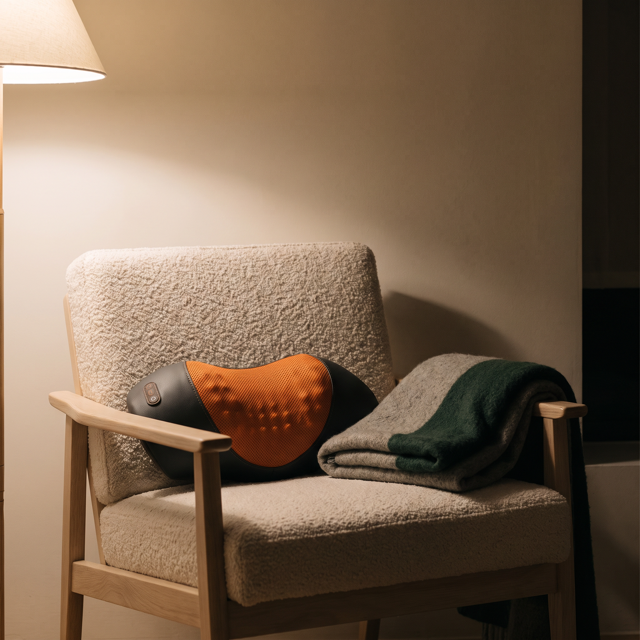 The pillow on an armchair beside a folded throw