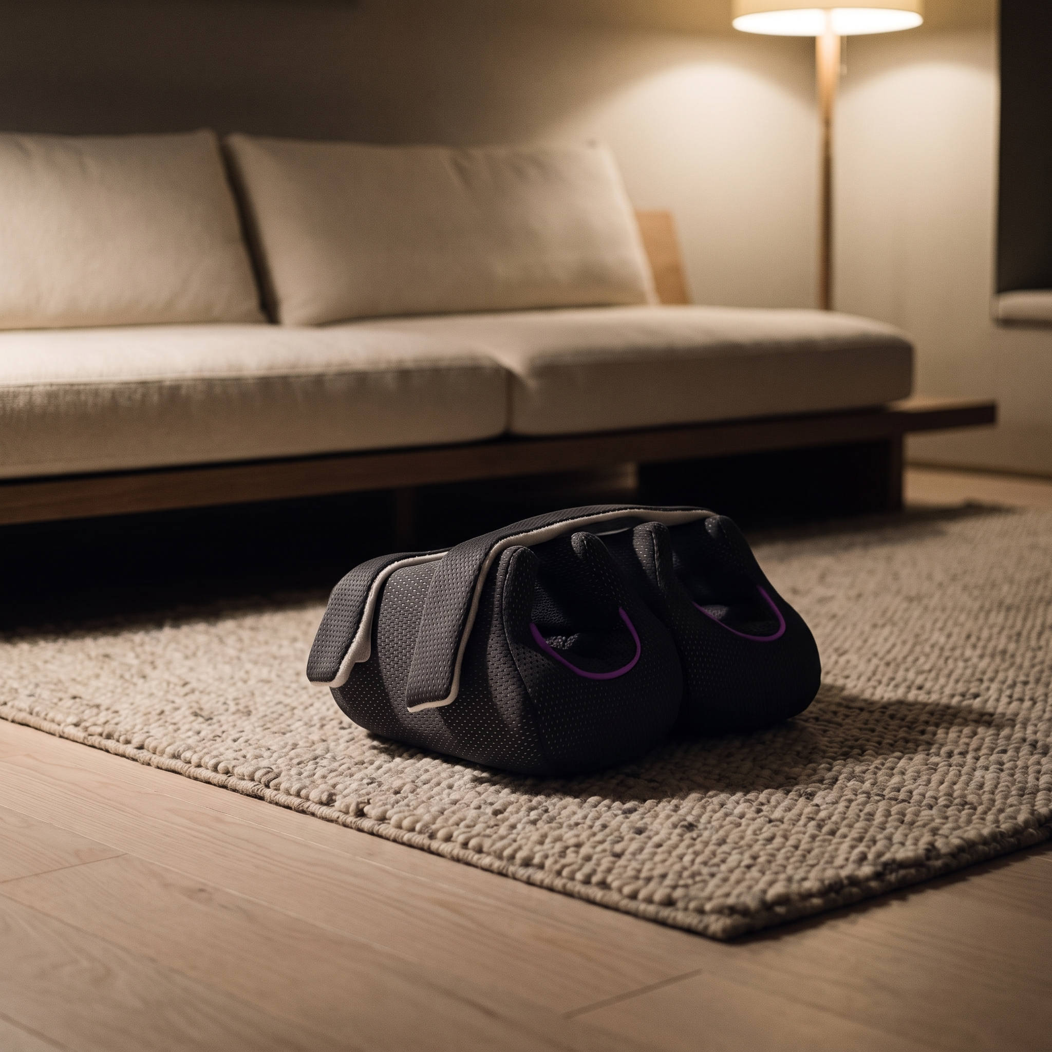 The foot massager on a rug in front of a couch