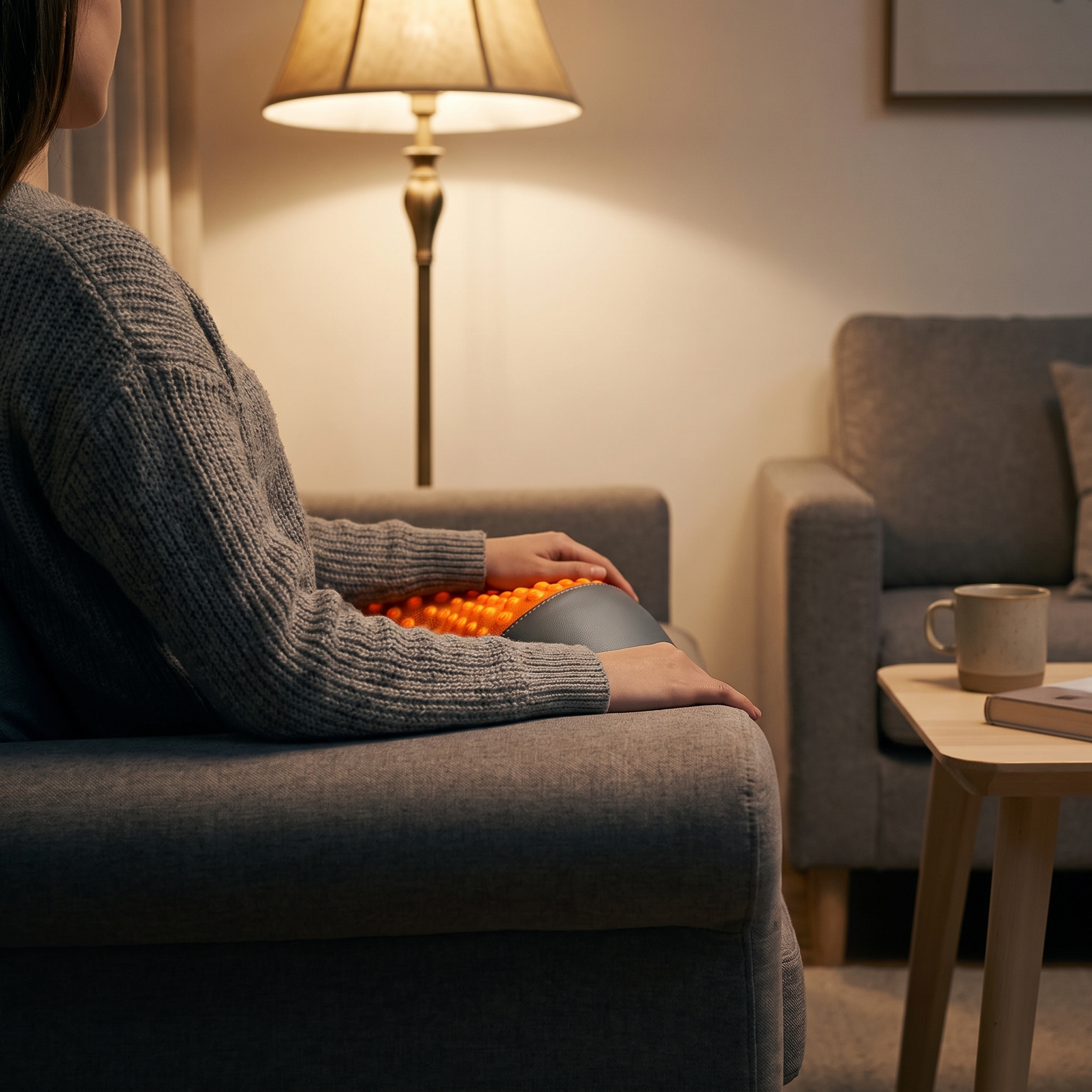 The pillow tucked behind someone's lower back in an armchair