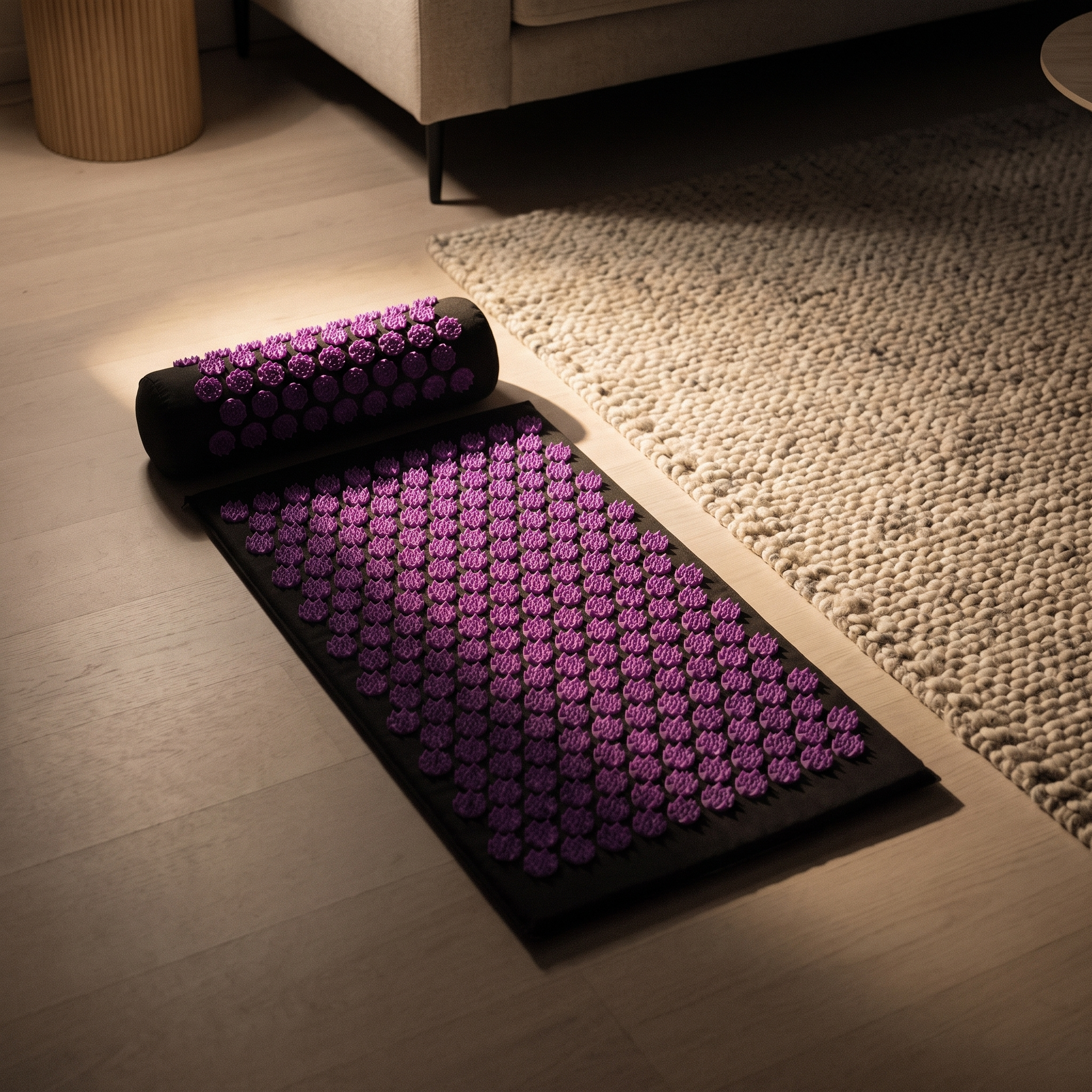 The mat unrolled on a wooden floor with the bolster at its head